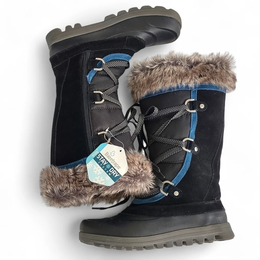 Baretraps Women's Black Winter Boots W/Faux Fur & Blue Trim 
